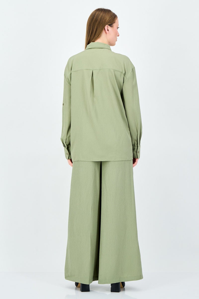 ANNE KLEIN Women 2 Pieces Pointed Collar Long Sleeve Textured Shirt And Palazzo Pants Set, Light Green - Image 4